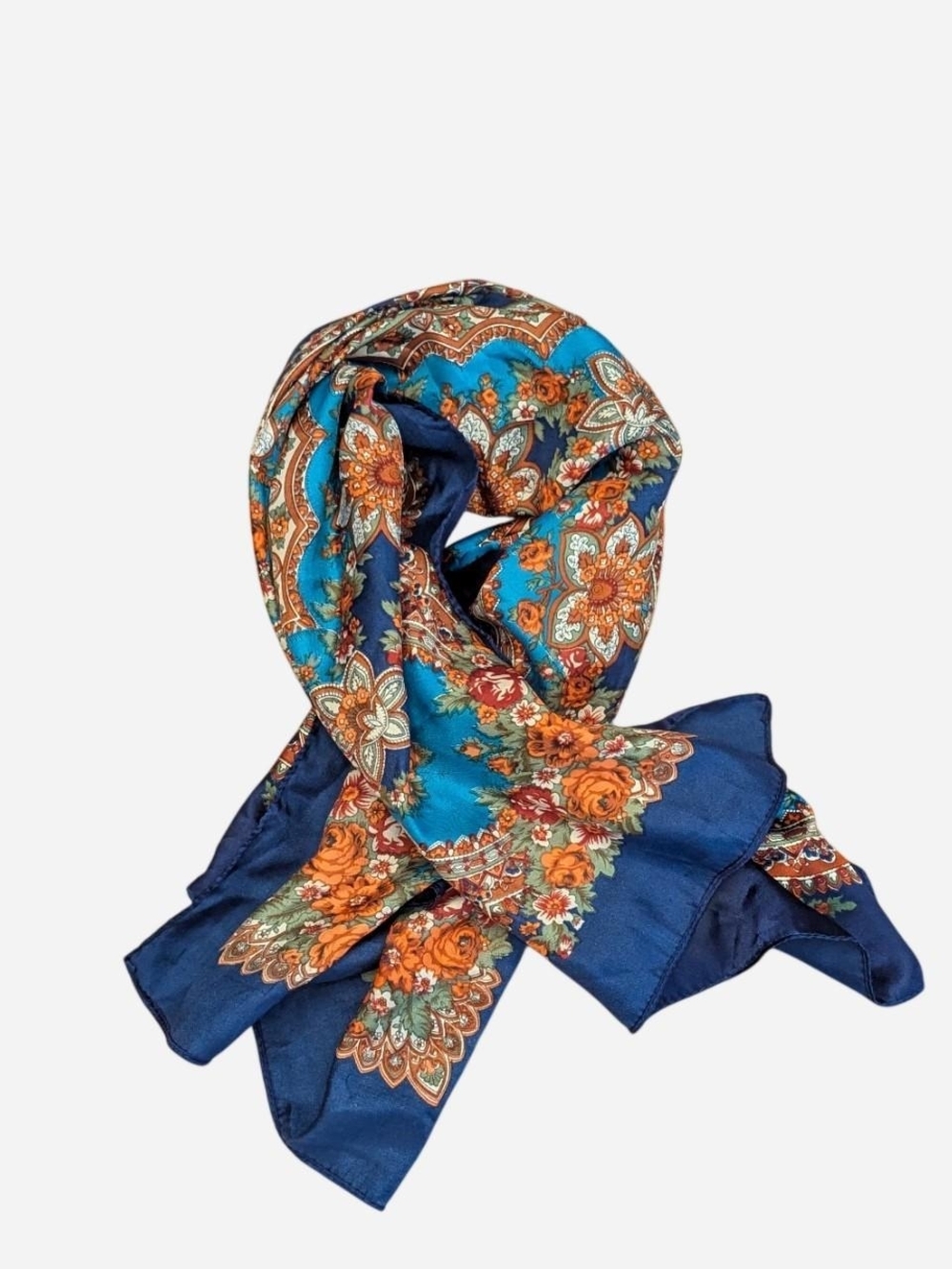 American Vintage Blue and Orange Floral Paisley Silk Scarf